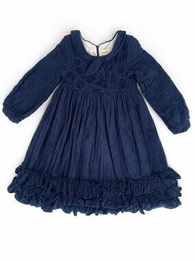 Mabel + Honey Girls Blue Linen Blend Ruffle Dress Long Sleeve Size 6